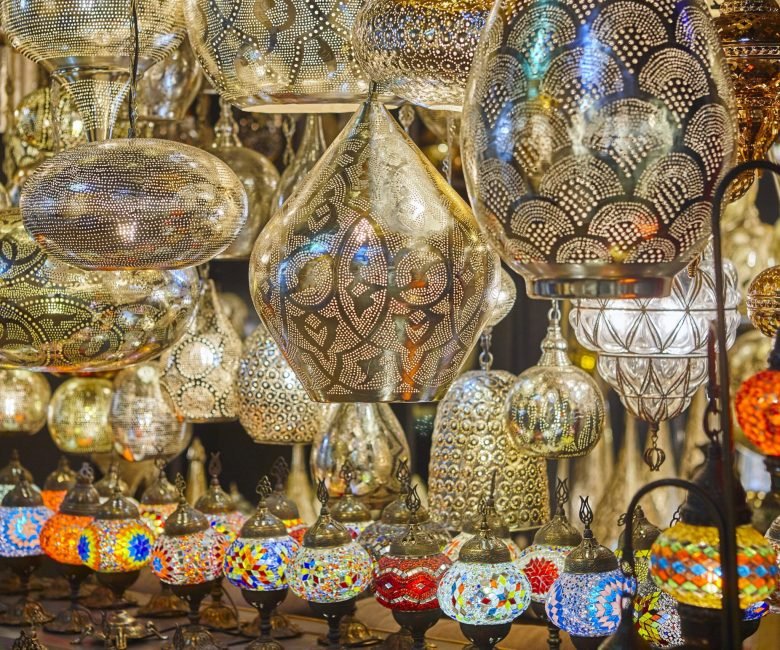 Grand bazaar interior in Istanbul city center. Traditional lantern store. Turkey